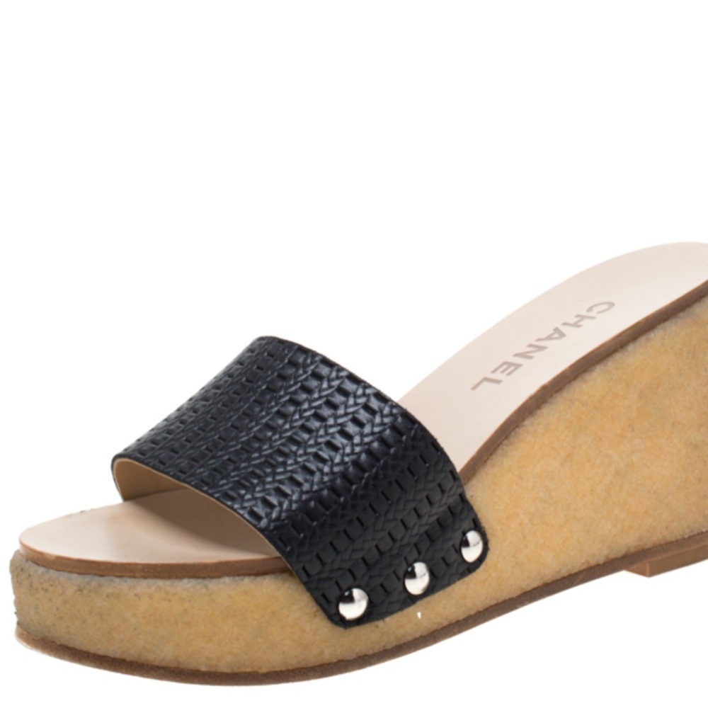 Chanel Black Slide Wedge Sandals 39.5